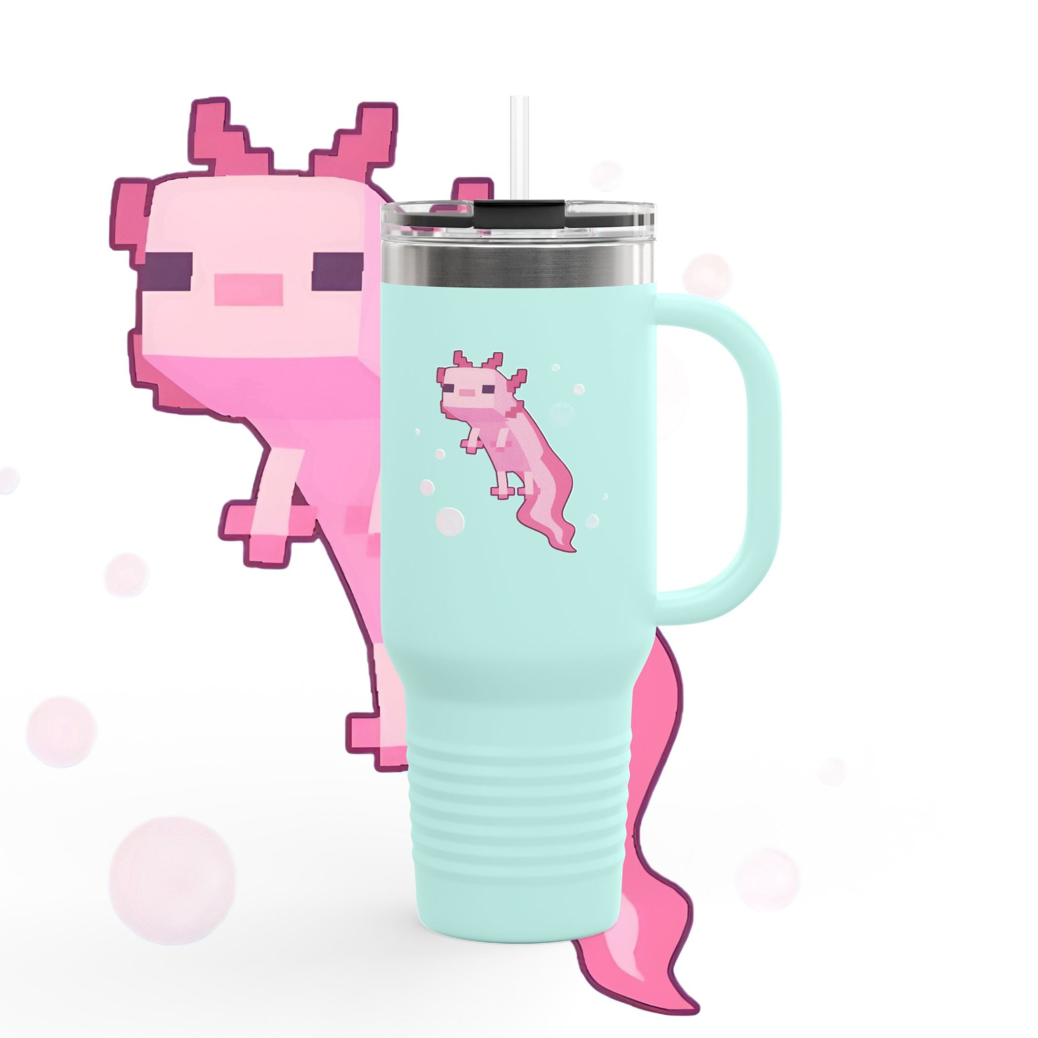 Travel Mug - Pixelated Pink Axolotl Design